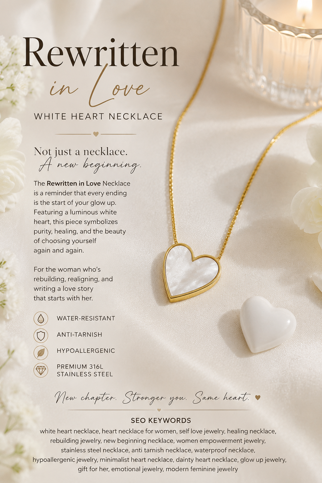 Rewritten in Love. White Heart Necklace