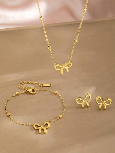 Sweet Grace Bow Earrings, Anklet & Necklace Set