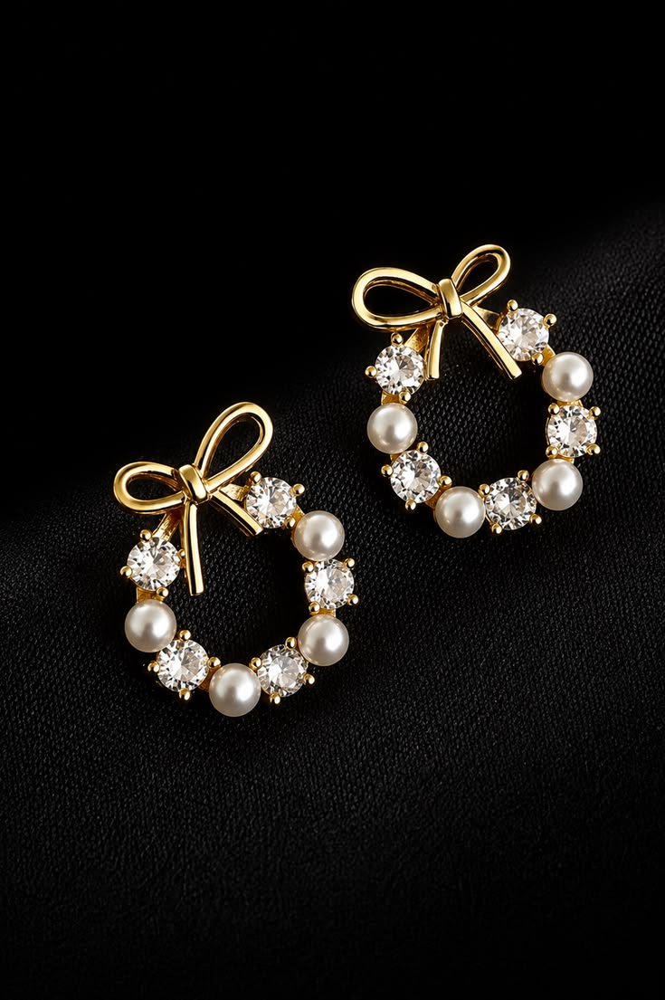 Bow & Sparkle Circle Stud Korean Earrings