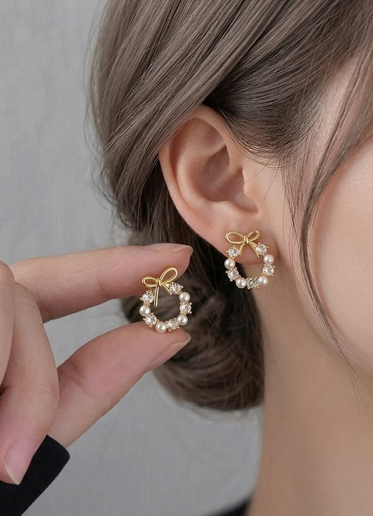 Bow & Sparkle Circle Stud Korean Earrings