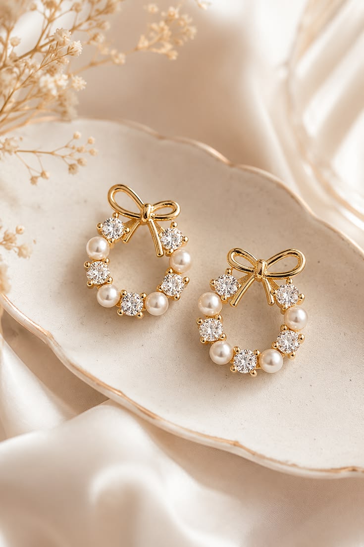 Bow & Sparkle Circle Stud Korean Earrings